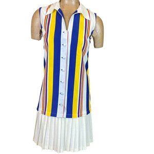 Vintage 60s Striped Button Up Dress Pleated Hem #204M